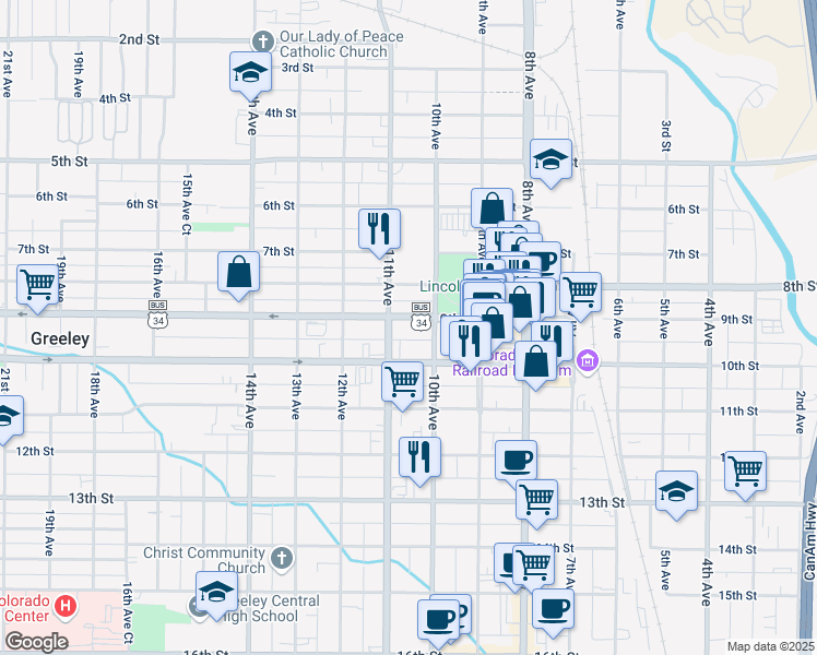 map of restaurants, bars, coffee shops, grocery stores, and more near 1018 9th Street in Greeley