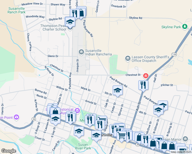 map of restaurants, bars, coffee shops, grocery stores, and more near 1106 Chestnut Street in Susanville