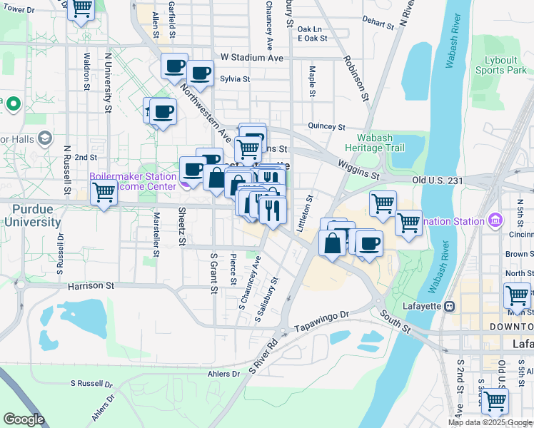 map of restaurants, bars, coffee shops, grocery stores, and more near 200 West State Street in West Lafayette