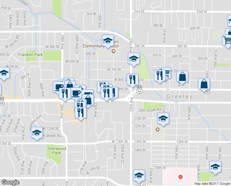 map of restaurants, bars, coffee shops, grocery stores, and more near 908 24th Avenue in Greeley