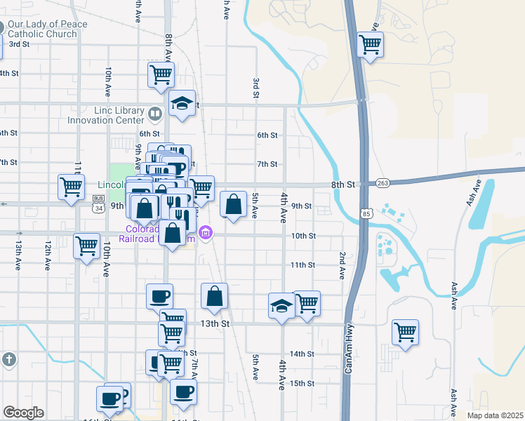 map of restaurants, bars, coffee shops, grocery stores, and more near 426 9th Street in Greeley