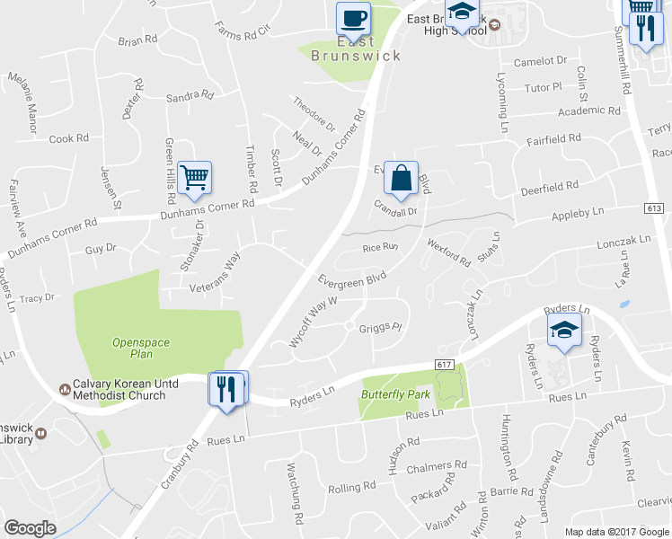 map of restaurants, bars, coffee shops, grocery stores, and more near 28 Rice Run in East Brunswick