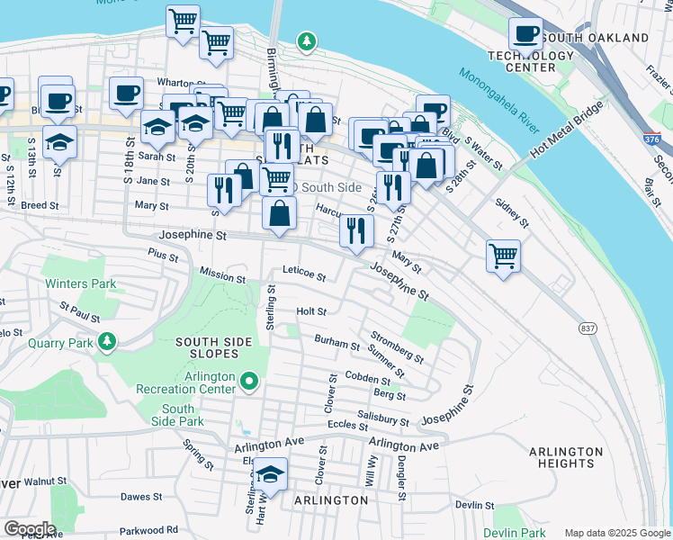 map of restaurants, bars, coffee shops, grocery stores, and more near 14 Kosciusko Way in Pittsburgh