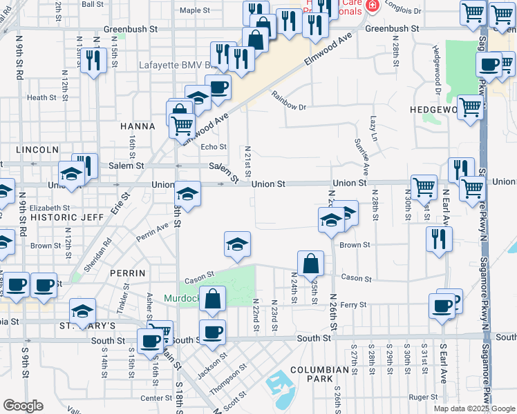 map of restaurants, bars, coffee shops, grocery stores, and more near 701 North 22nd Street in Lafayette