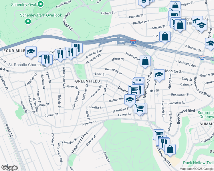 map of restaurants, bars, coffee shops, grocery stores, and more near 901 Deely Street in Pittsburgh