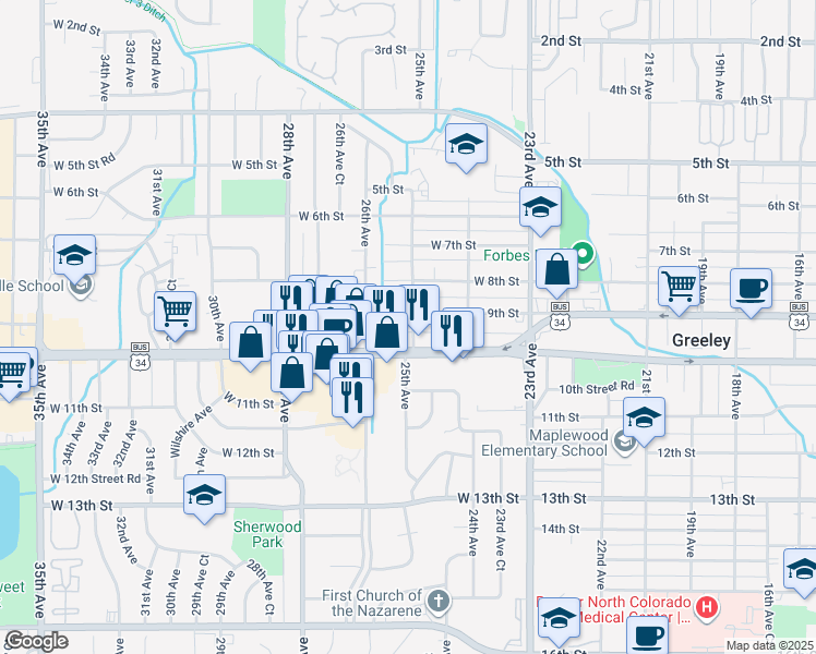 map of restaurants, bars, coffee shops, grocery stores, and more near 909 25th Avenue in Greeley