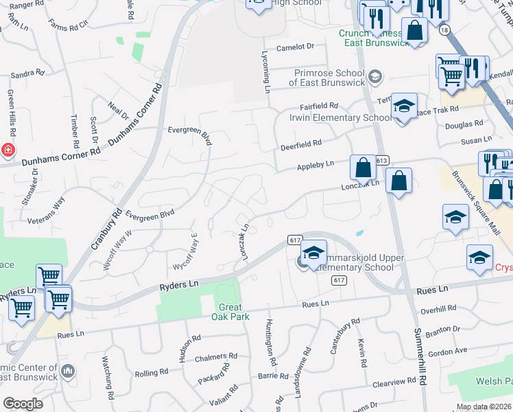 map of restaurants, bars, coffee shops, grocery stores, and more near 124 Magee Court in East Brunswick