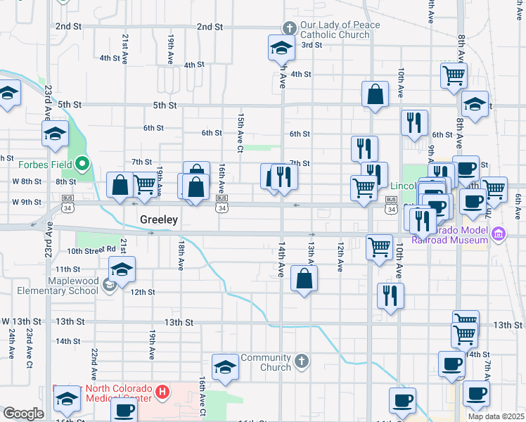 map of restaurants, bars, coffee shops, grocery stores, and more near 1418 9th Street in Greeley