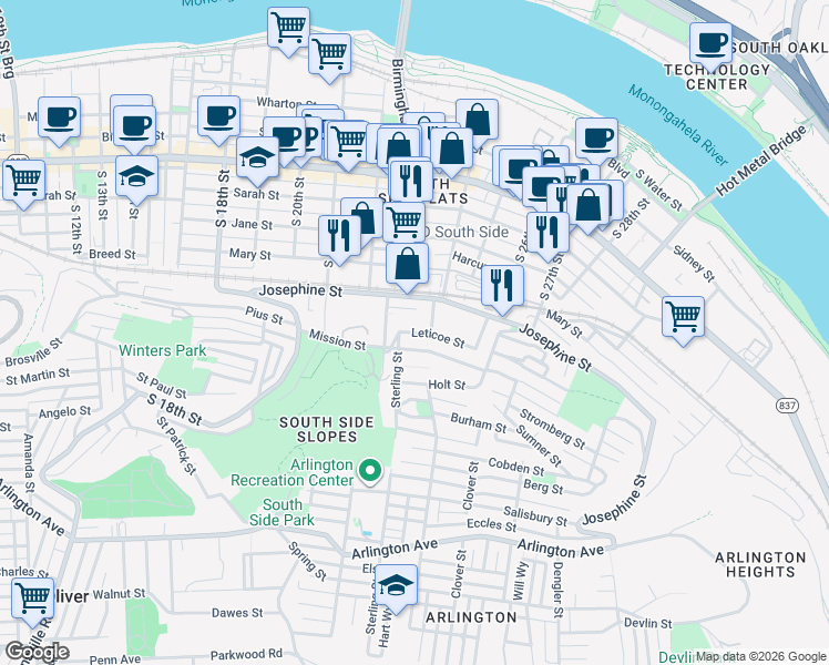 map of restaurants, bars, coffee shops, grocery stores, and more near 2400 Leticoe Street in Pittsburgh
