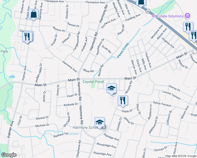 map of restaurants, bars, coffee shops, grocery stores, and more near Main St & Lakeside Pl in Middletown