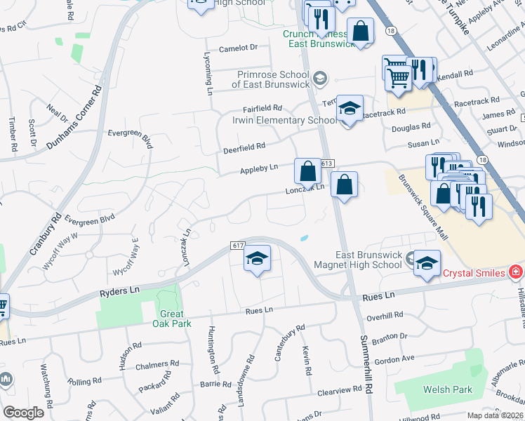 map of restaurants, bars, coffee shops, grocery stores, and more near 59 La Rue Lane in East Brunswick