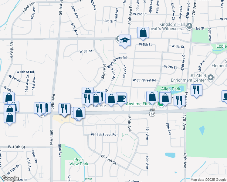map of restaurants, bars, coffee shops, grocery stores, and more near 4 52nd Avenue Court in Greeley