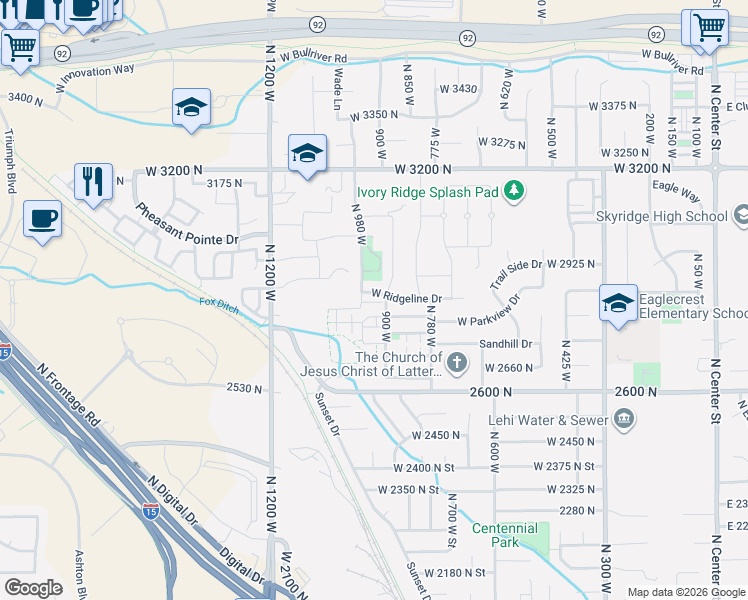 map of restaurants, bars, coffee shops, grocery stores, and more near 913 2840 North in Lehi