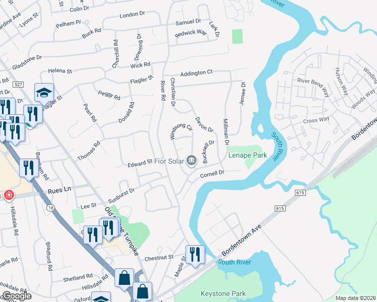 map of restaurants, bars, coffee shops, grocery stores, and more near 187 Windsong Circle in East Brunswick