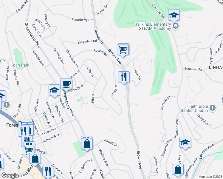 map of restaurants, bars, coffee shops, grocery stores, and more near 542 Lucia Drive in Pittsburgh