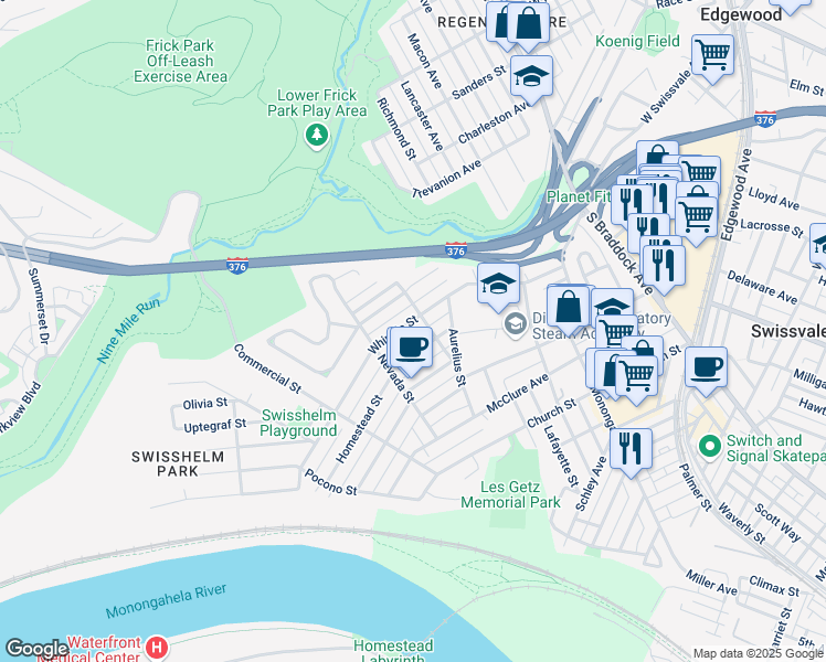 map of restaurants, bars, coffee shops, grocery stores, and more near in Swissvale