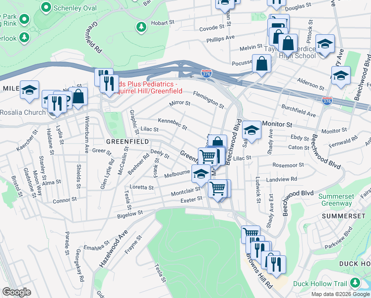 map of restaurants, bars, coffee shops, grocery stores, and more near 938 Greenfield Avenue in Pittsburgh