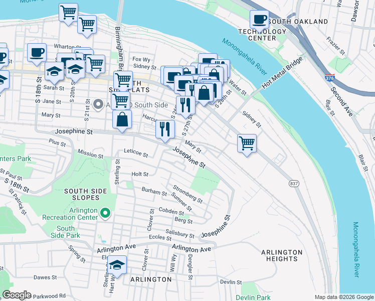 map of restaurants, bars, coffee shops, grocery stores, and more near 2717 Josephine Street in Pittsburgh