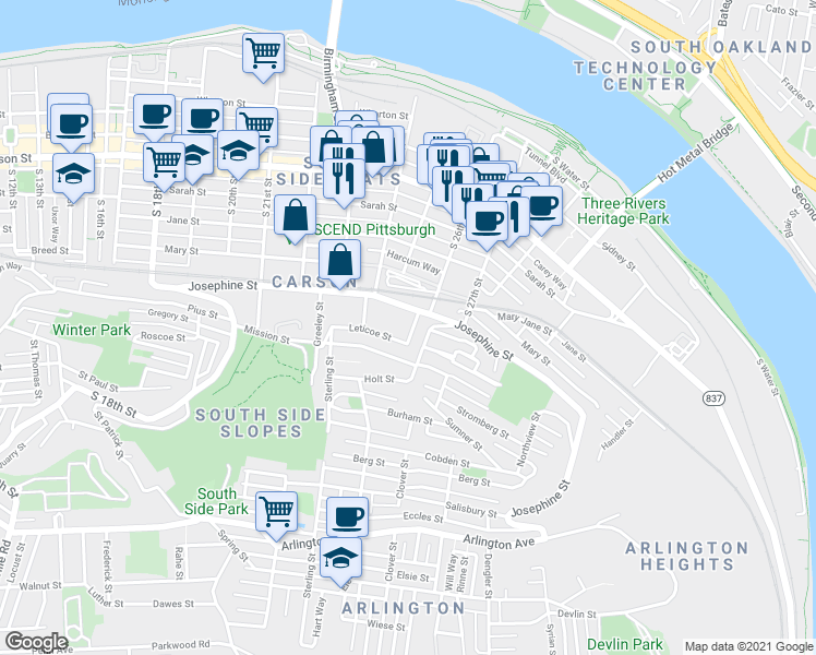 map of restaurants, bars, coffee shops, grocery stores, and more near 20 Kosciusko Way in Pittsburgh