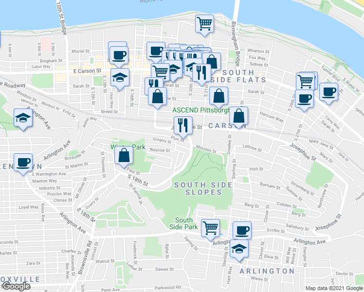 map of restaurants, bars, coffee shops, grocery stores, and more near 2014 Gregory Street in Pittsburgh