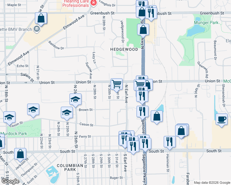 map of restaurants, bars, coffee shops, grocery stores, and more near 712 North 31st Street in Lafayette