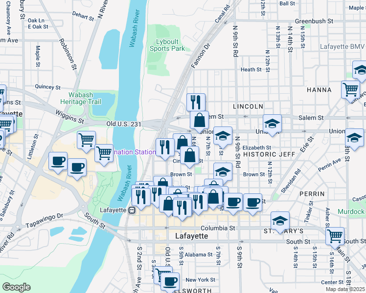 map of restaurants, bars, coffee shops, grocery stores, and more near 628 North 5th Street in Lafayette