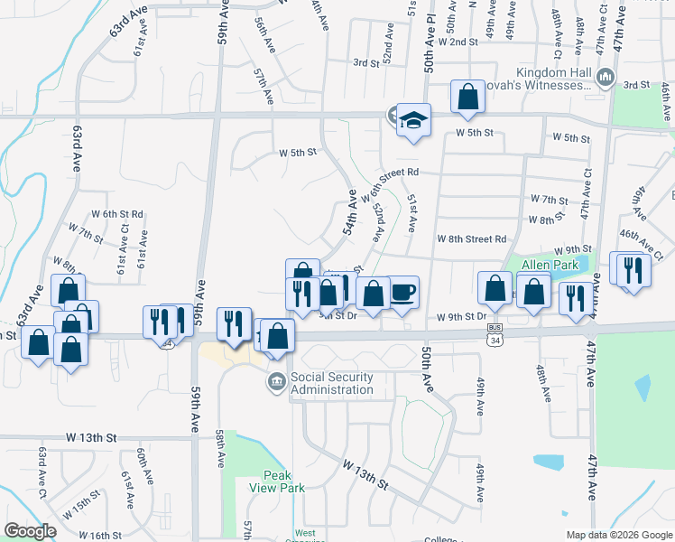 map of restaurants, bars, coffee shops, grocery stores, and more near 5314 West 9th Street in Greeley