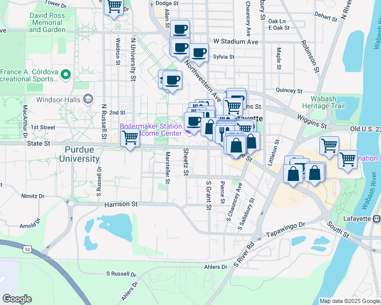 map of restaurants, bars, coffee shops, grocery stores, and more near 435 West State Street in West Lafayette