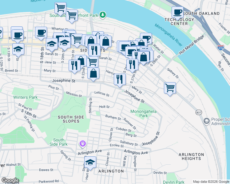 map of restaurants, bars, coffee shops, grocery stores, and more near 20 Kosciusko Way in Pittsburgh