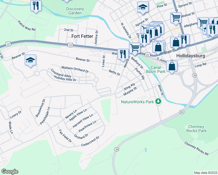 map of restaurants, bars, coffee shops, grocery stores, and more near Northstar Alley in Hollidaysburg