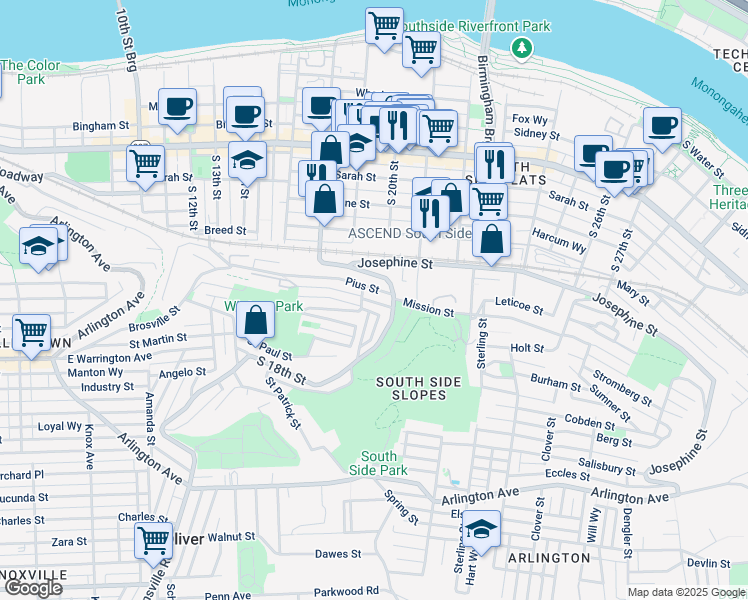 map of restaurants, bars, coffee shops, grocery stores, and more near 2013 Gregory Street in Pittsburgh