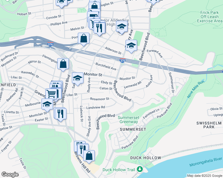 map of restaurants, bars, coffee shops, grocery stores, and more near 6385 Caton Street in Pittsburgh