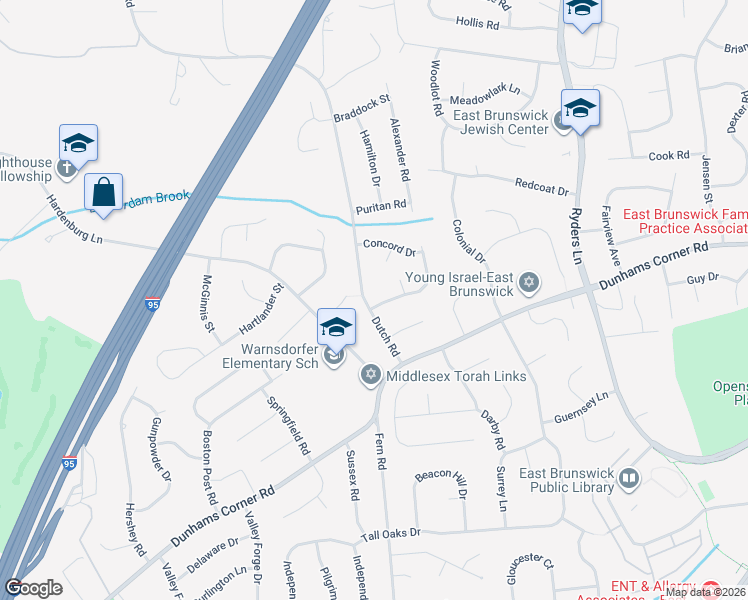 map of restaurants, bars, coffee shops, grocery stores, and more near 1 Putnam Road in East Brunswick