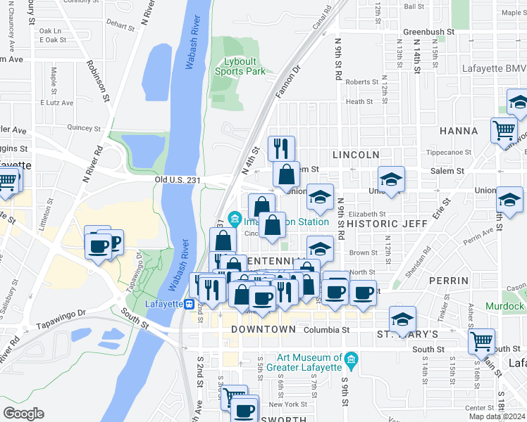 map of restaurants, bars, coffee shops, grocery stores, and more near 639 North 5th Street in Lafayette