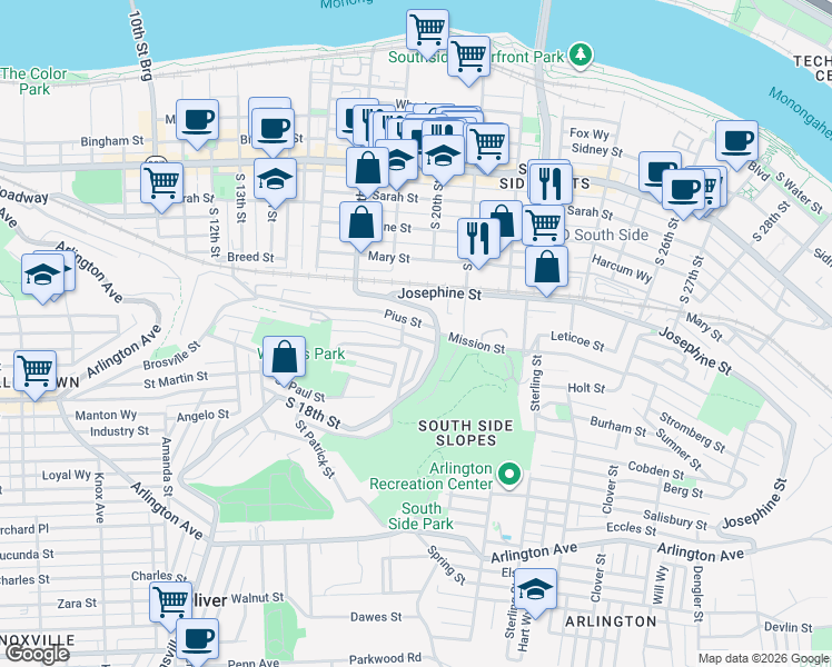 map of restaurants, bars, coffee shops, grocery stores, and more near 2014 Gregory Street in Pittsburgh