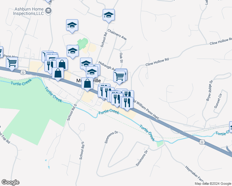 map of restaurants, bars, coffee shops, grocery stores, and more near 4806 Old William Penn Highway in Murrysville