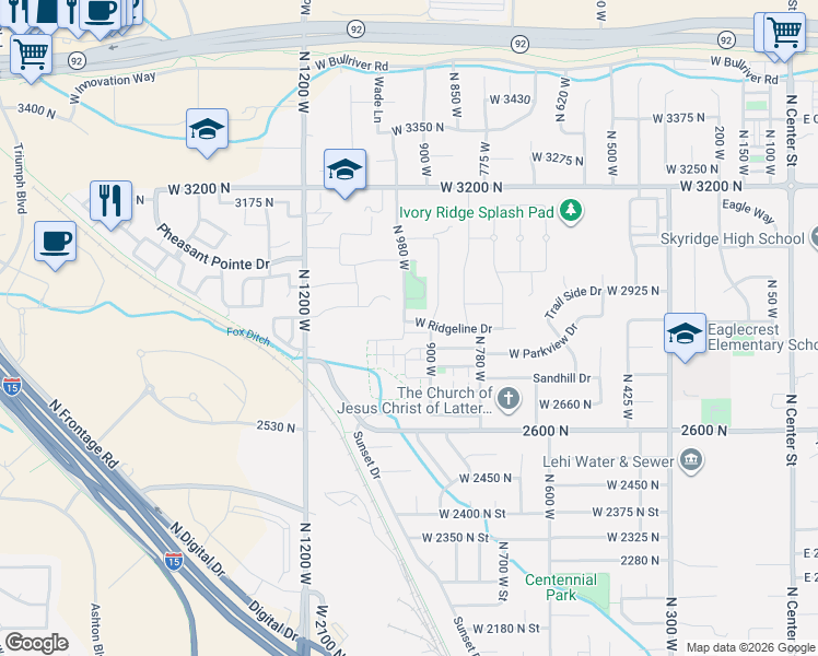 map of restaurants, bars, coffee shops, grocery stores, and more near 913 2840 North in Lehi