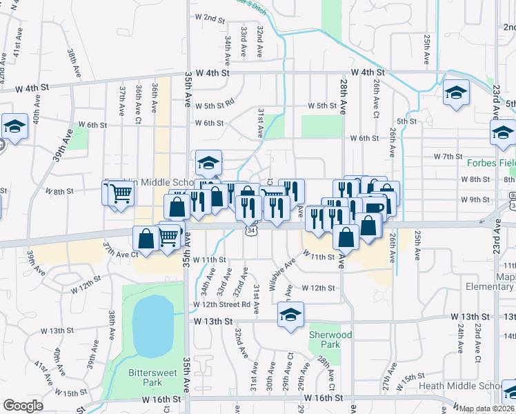 map of restaurants, bars, coffee shops, grocery stores, and more near 912 30th Avenue Court in Greeley