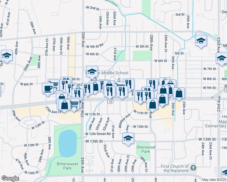 map of restaurants, bars, coffee shops, grocery stores, and more near 908 31st Avenue in Greeley