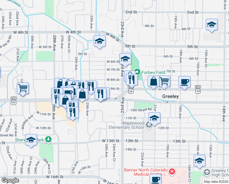map of restaurants, bars, coffee shops, grocery stores, and more near in Greeley