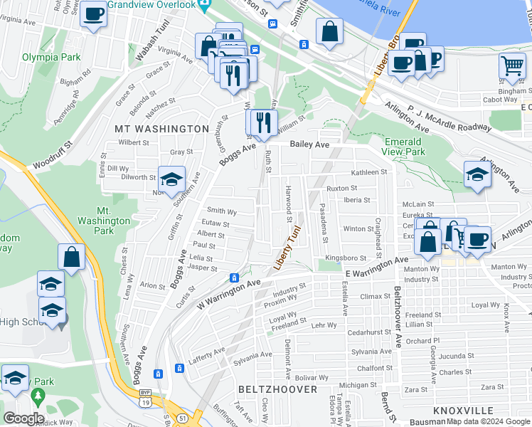 map of restaurants, bars, coffee shops, grocery stores, and more near 100 Ruth Street in Pittsburgh
