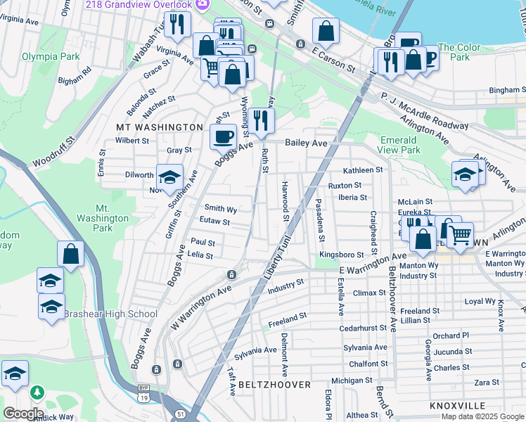 map of restaurants, bars, coffee shops, grocery stores, and more near 100 Ruth Street in Pittsburgh