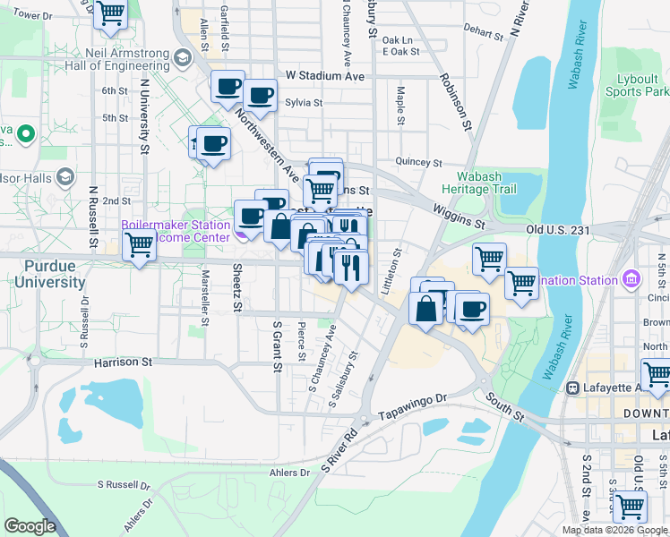 map of restaurants, bars, coffee shops, grocery stores, and more near 200 West State Street in West Lafayette
