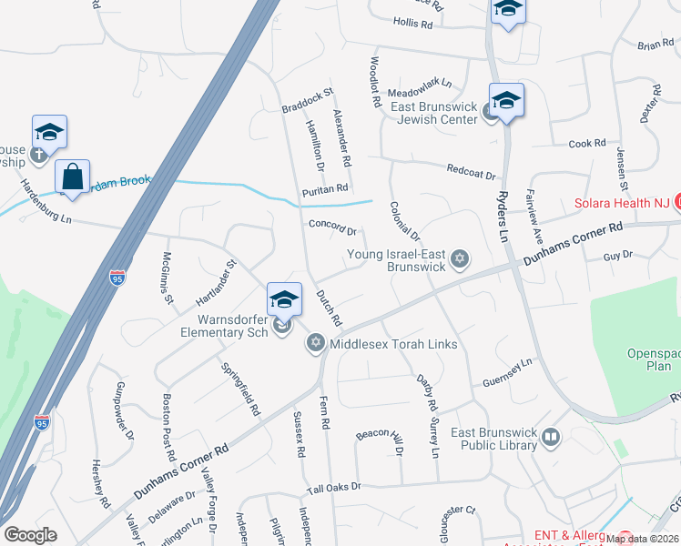 map of restaurants, bars, coffee shops, grocery stores, and more near 6 Putnam Road in East Brunswick