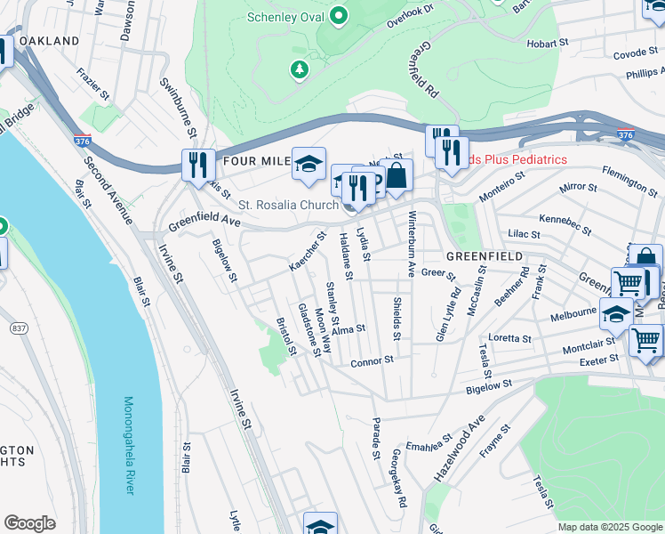 map of restaurants, bars, coffee shops, grocery stores, and more near 4138 Stanley Street in Pittsburgh