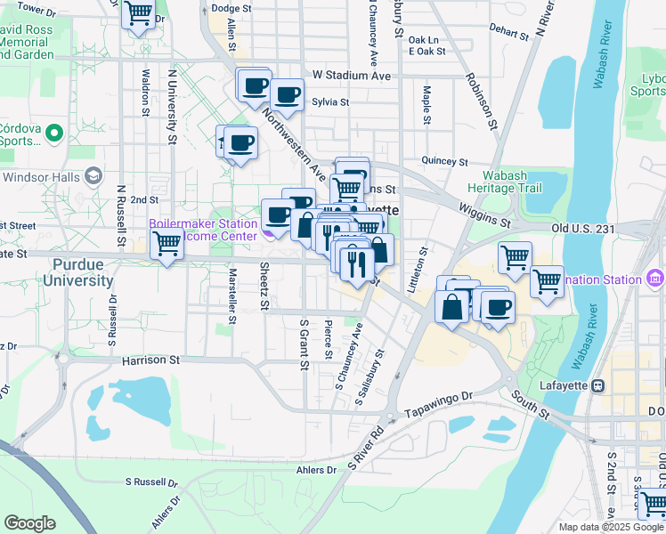map of restaurants, bars, coffee shops, grocery stores, and more near 323 West State Street in West Lafayette