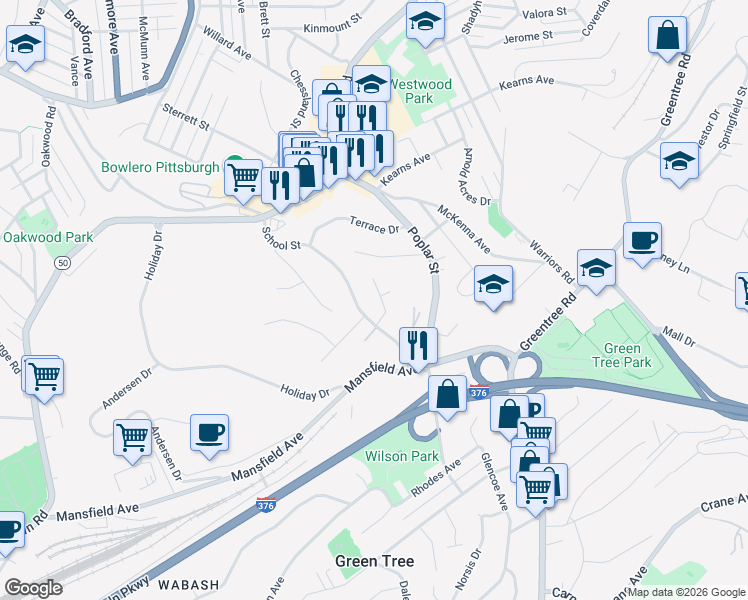 map of restaurants, bars, coffee shops, grocery stores, and more near 67 Clifford Drive in Pittsburgh