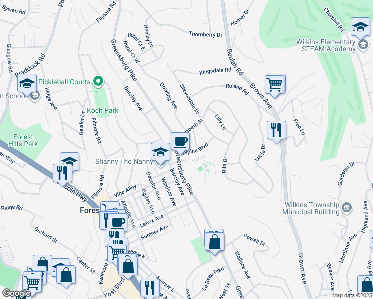map of restaurants, bars, coffee shops, grocery stores, and more near 816 Alpine Boulevard in Pittsburgh