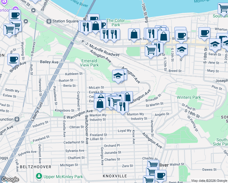 map of restaurants, bars, coffee shops, grocery stores, and more near 804 Eureka Street in Pittsburgh