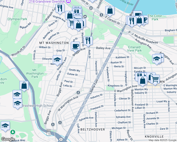 map of restaurants, bars, coffee shops, grocery stores, and more near 81 Larkfield Way in Pittsburgh